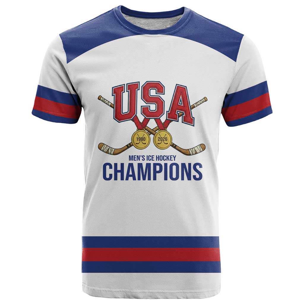 Custom USA Hockey 1980–2026 Gold Medal T-Shirt Embroidery Effect White Graphic Tee