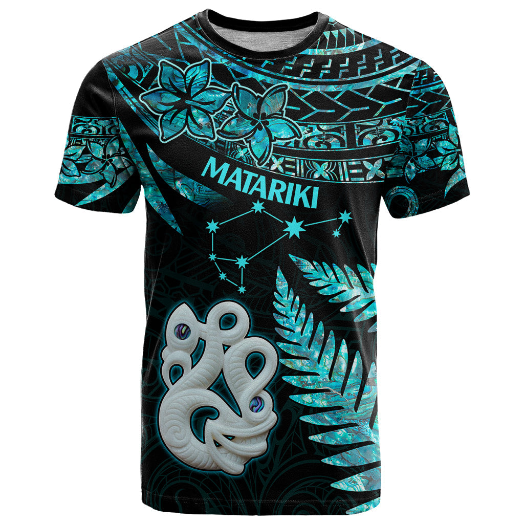 Matariki New Zealand T-Shirt Maori Manaia with Paua Shell - Aqua Graphic Tee
