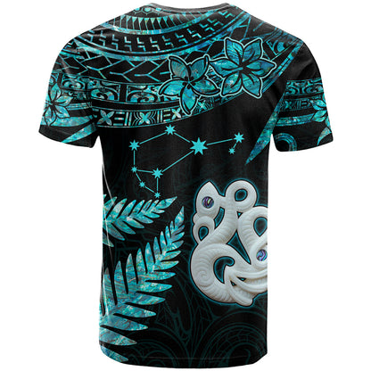 Matariki New Zealand T-Shirt Maori Manaia with Paua Shell - Aqua Graphic Tee