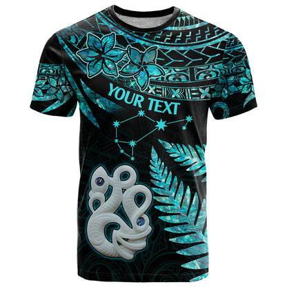 Custom Matariki New Zealand T-Shirt Maori Manaia with Paua Shell - Aqua Graphic Tee