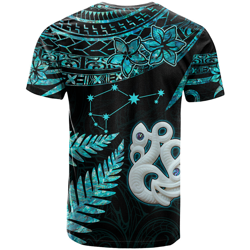 Custom Matariki New Zealand T-Shirt Maori Manaia with Paua Shell - Aqua Graphic Tee