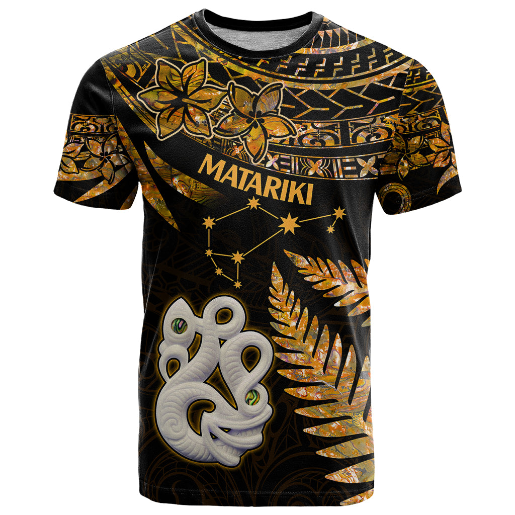 Maori T-Shirt Matariki Stars Manaia with Paua Shell - Gold Graphic Tee