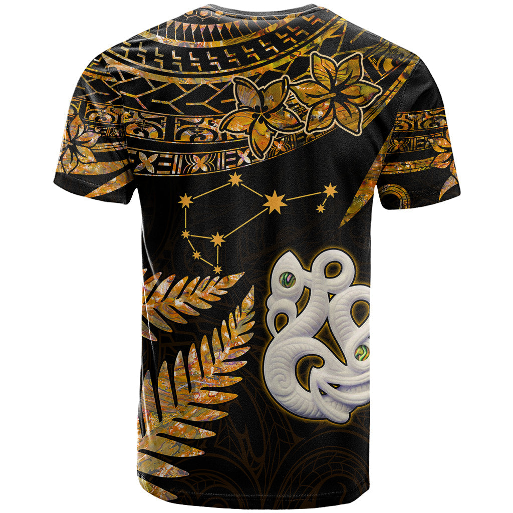 Maori T-Shirt Matariki Stars Manaia with Paua Shell - Gold Graphic Tee