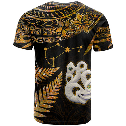 Maori T-Shirt Matariki Stars Manaia with Paua Shell - Gold Graphic Tee