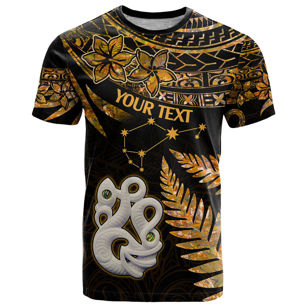 Custom Maori T-Shirt Matariki Stars Manaia with Paua Shell - Gold Graphic Tee