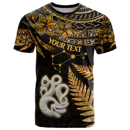 Custom Maori T-Shirt Matariki Stars Manaia with Paua Shell - Gold Graphic Tee