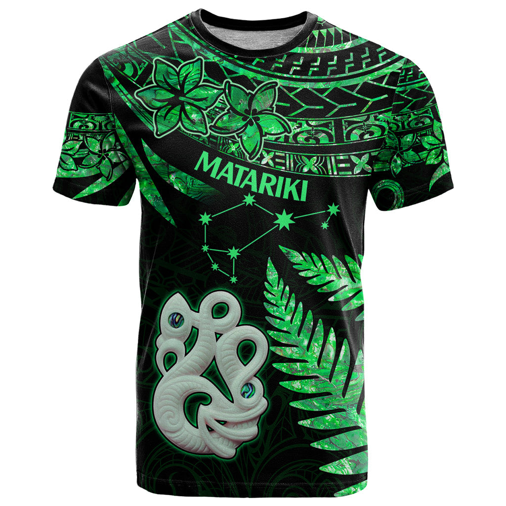 Maori T-Shirt Matariki Stars Manaia with Paua Shell - Green Graphic Tee