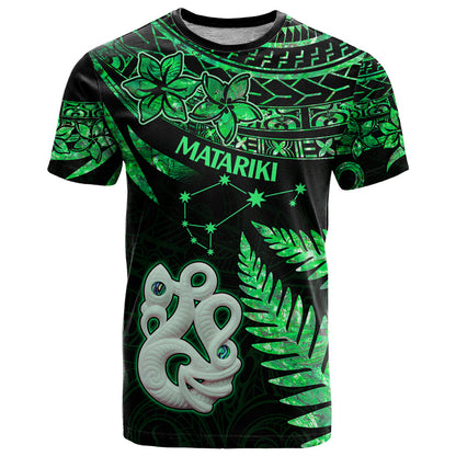 Maori T-Shirt Matariki Stars Manaia with Paua Shell - Green Graphic Tee