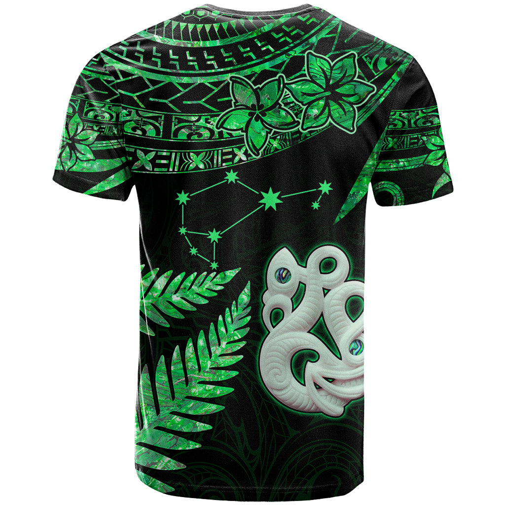 Maori T-Shirt Matariki Stars Manaia with Paua Shell - Green Graphic Tee