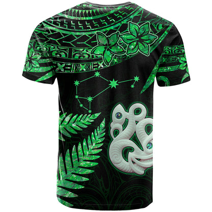 Maori T-Shirt Matariki Stars Manaia with Paua Shell - Green Graphic Tee