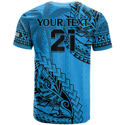 Custom Fiji Rugby T-Shirt Kaiviti Fijian Tribal World Cup Blue No1 Graphic Tee