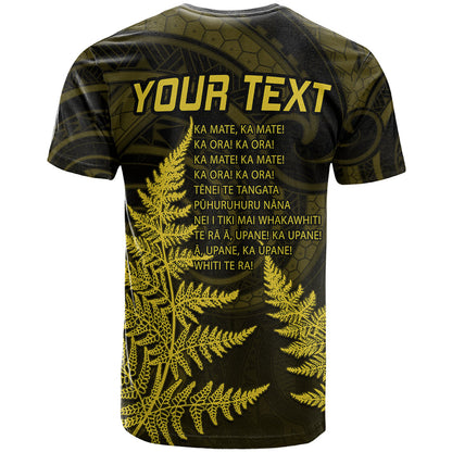 Personalised New Zealand Rugby T-Shirt Aotearoa Ka Mate Haka All Black Mix Ta Moko Gold Style Graphic Tee
