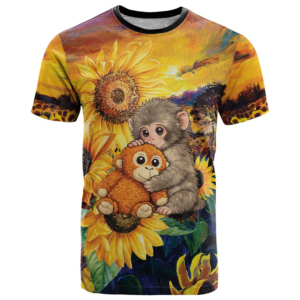 Personalized Baby Monkey Punch T-Shirt Sunflower Field Oil Painting Style Graphic Tee