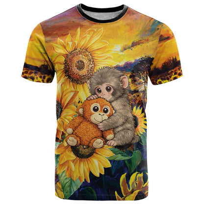 Personalized Baby Monkey Punch T-Shirt Sunflower Field Oil Painting Style Graphic Tee