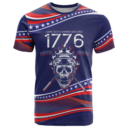 Personalized USA Hockey T-Shirt Losing Teeth Winning Wars Since 1776 Blue Graphic Tee