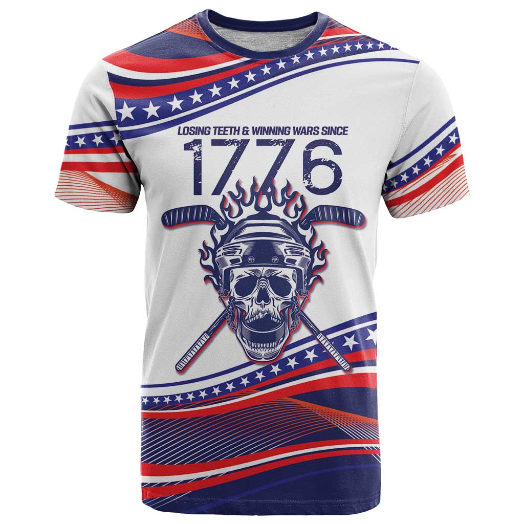 Personalized USA Hockey T-Shirt Losing Teeth Winning Wars Since 1776 White Graphic Tee