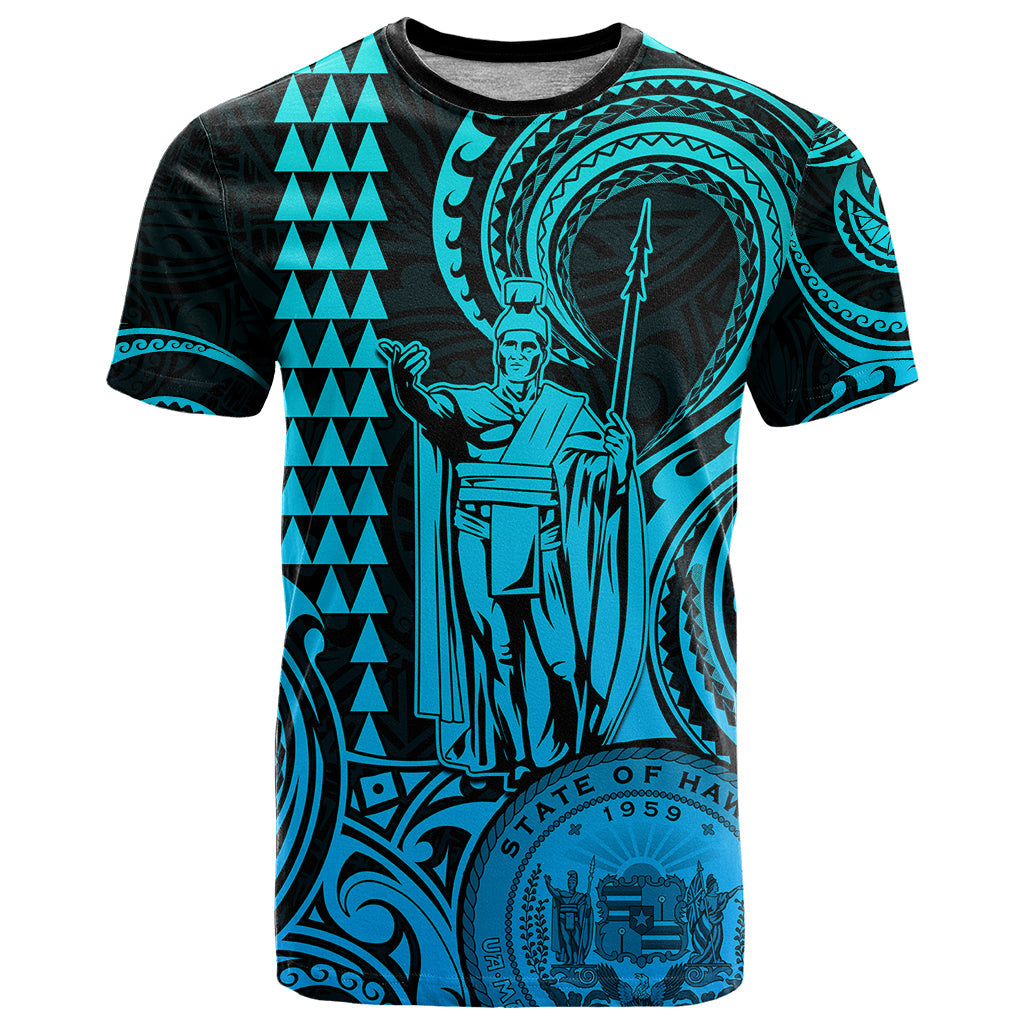 Custom Happy King Kamehameha Day Hawaii T-Shirt Paradise of the Pacific Tribal Kakau with Kanaka Maoli - Aqua Graphic Tee