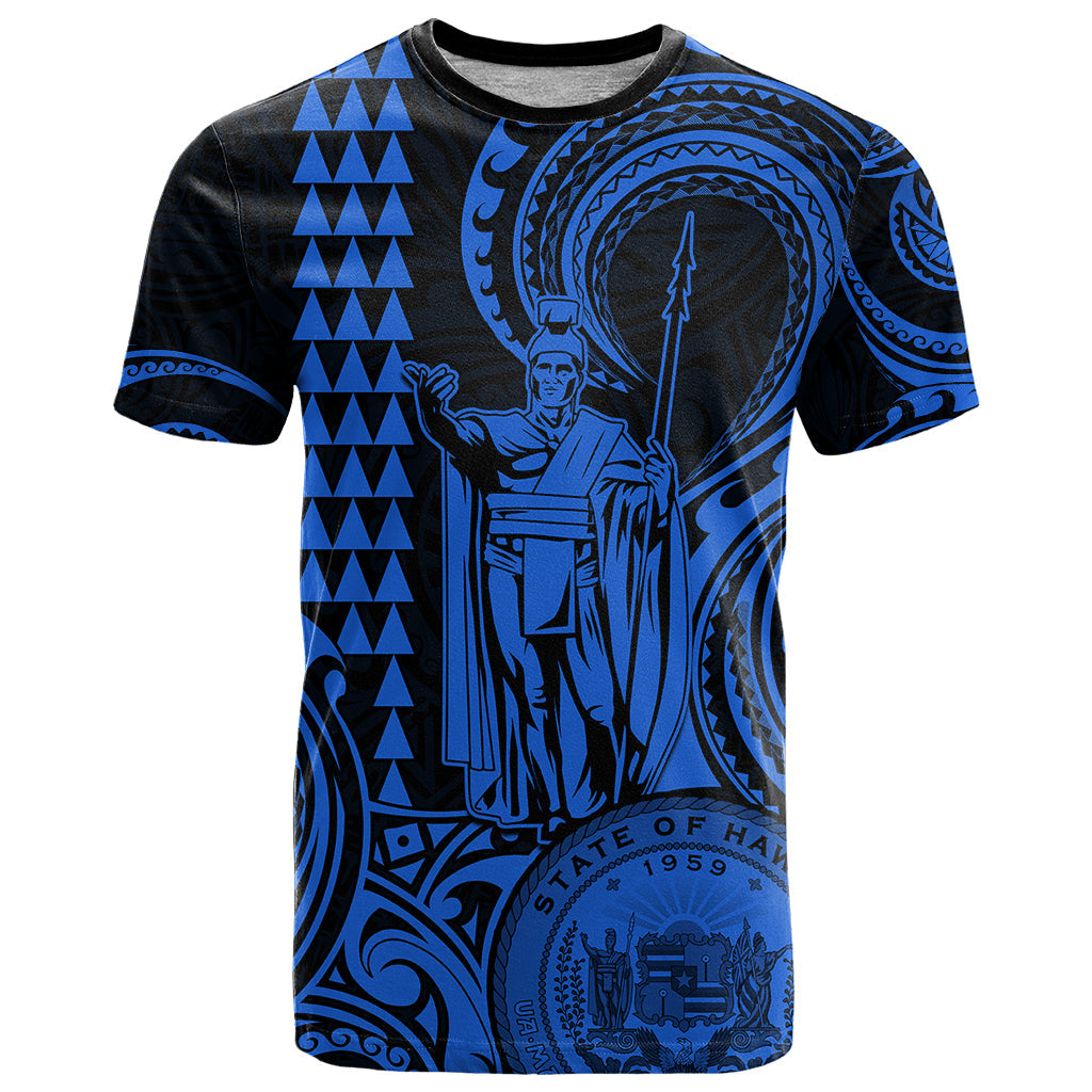 Custom Happy King Kamehameha Day Hawaii T-Shirt Paradise of the Pacific Tribal Kakau with Kanaka Maoli - Blue Graphic Tee