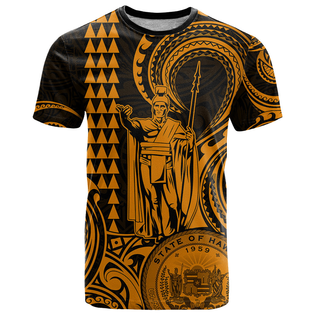 Custom Happy King Kamehameha Day Hawaii T-Shirt Paradise of the Pacific Tribal Kakau with Kanaka Maoli - Gold Graphic Tee
