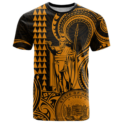 Custom Happy King Kamehameha Day Hawaii T-Shirt Paradise of the Pacific Tribal Kakau with Kanaka Maoli - Gold Graphic Tee