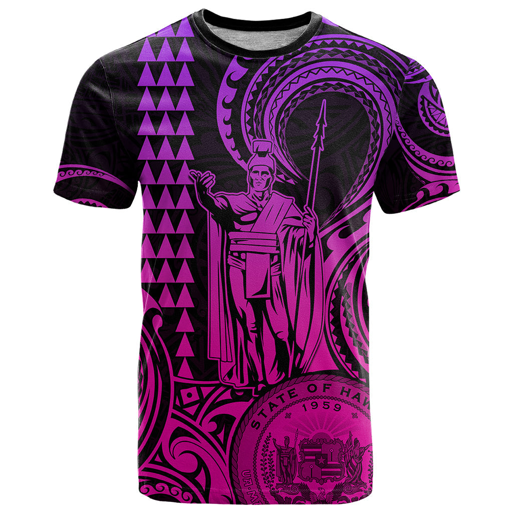 Custom Happy King Kamehameha Day Hawaii T-Shirt Paradise of the Pacific Tribal Kakau with Kanaka Maoli - Pink Gradient Graphic Tee