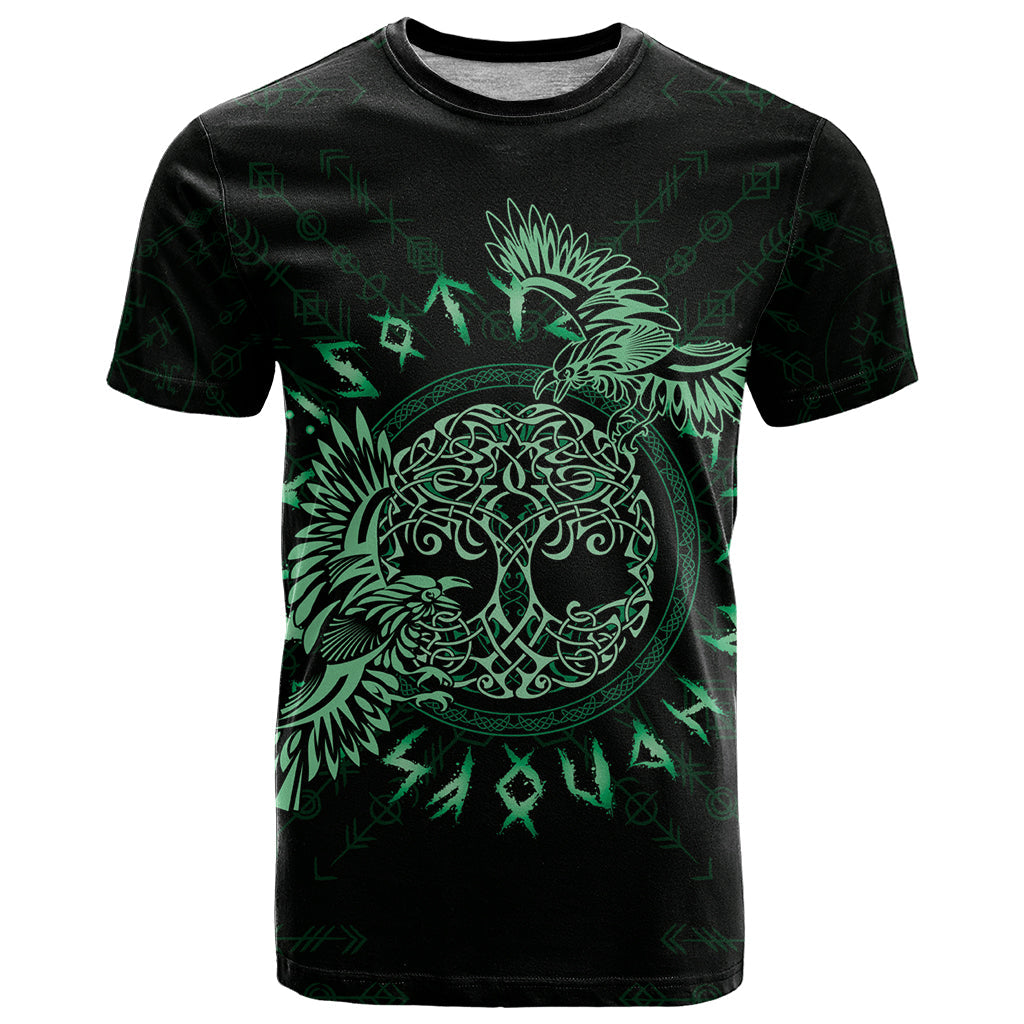 Personalized Odin's Celtic Raven T-Shirt Green Scandinavian Tattoo Graphic Tee