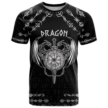Personalized Viking Dragon T-Shirt with Sword Black Scandinavian Tattoo Graphic Tee
