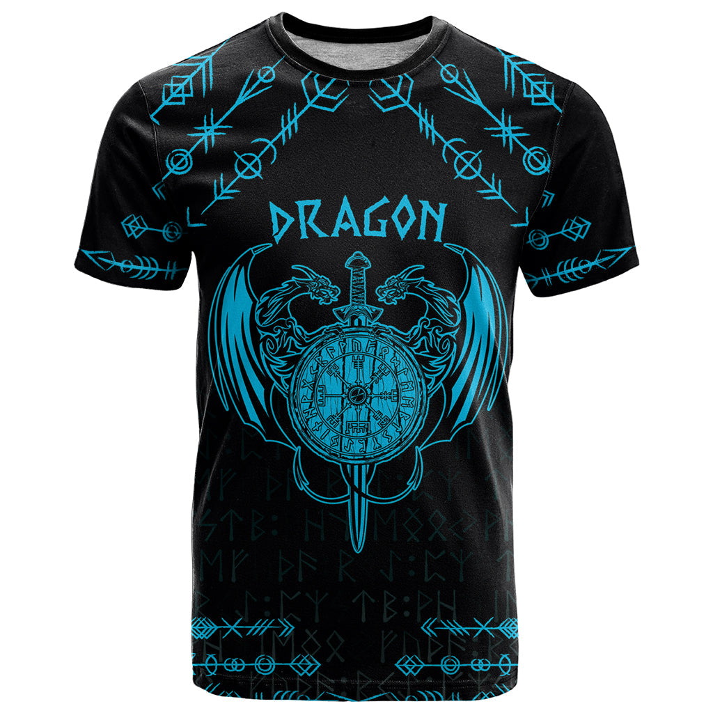 Personalized Viking Dragon T-Shirt with Sword Blue Scandinavian Tattoo Graphic Tee