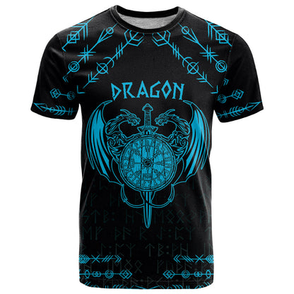 Personalized Viking Dragon T-Shirt with Sword Blue Scandinavian Tattoo Graphic Tee