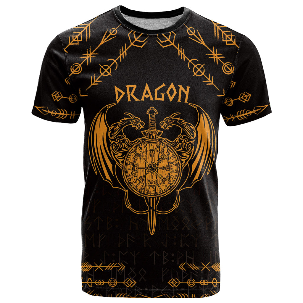 Personalized Viking Dragon T-Shirt with Sword Gold Scandinavian Tattoo Graphic Tee