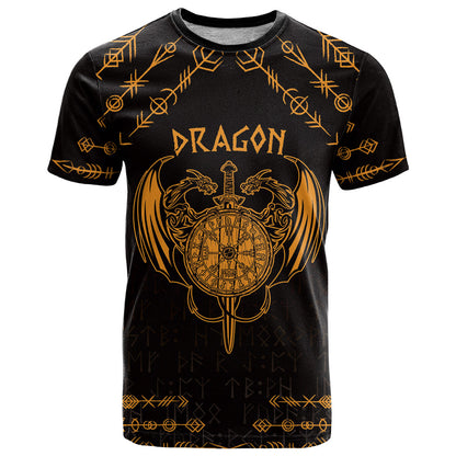 Personalized Viking Dragon T-Shirt with Sword Gold Scandinavian Tattoo Graphic Tee