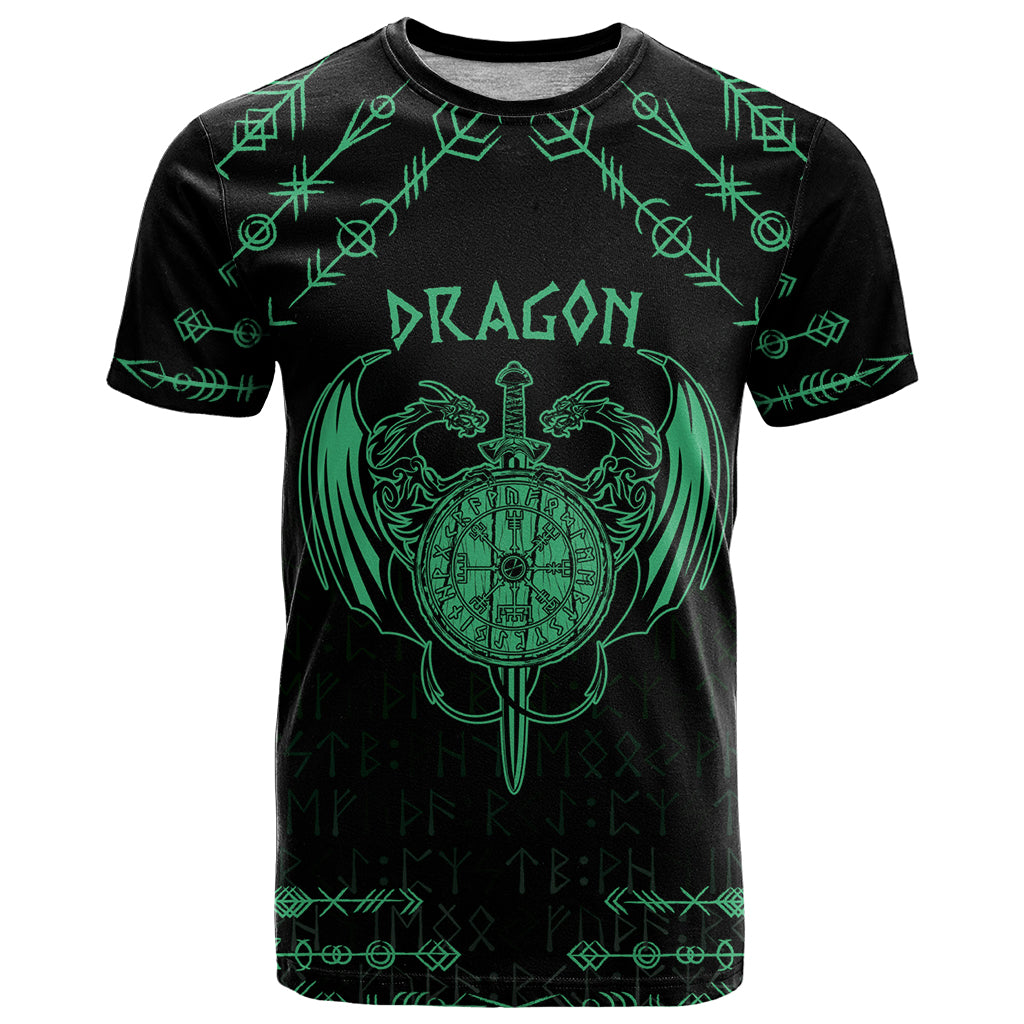 Personalized Viking Dragon T-Shirt with Sword Green Scandinavian Tattoo Graphic Tee