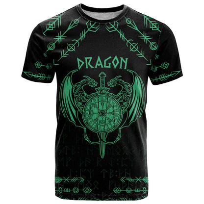 Personalized Viking Dragon T-Shirt with Sword Green Scandinavian Tattoo Graphic Tee