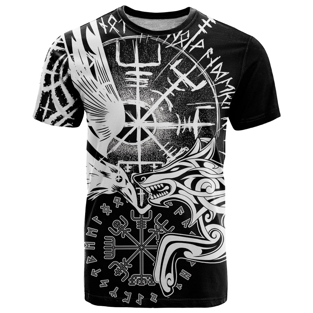 Vikings Raven and Wolf T-Shirt with Aegishjalmur Unique Graphic Tee