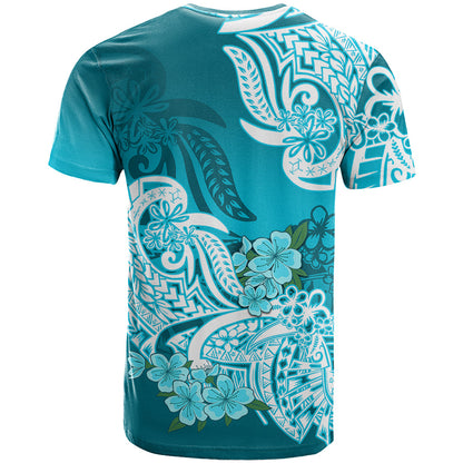 Polynesian T-Shirt Pacific Flower Mix Floral Tribal Tattoo Aqua Vibe Graphic Tee