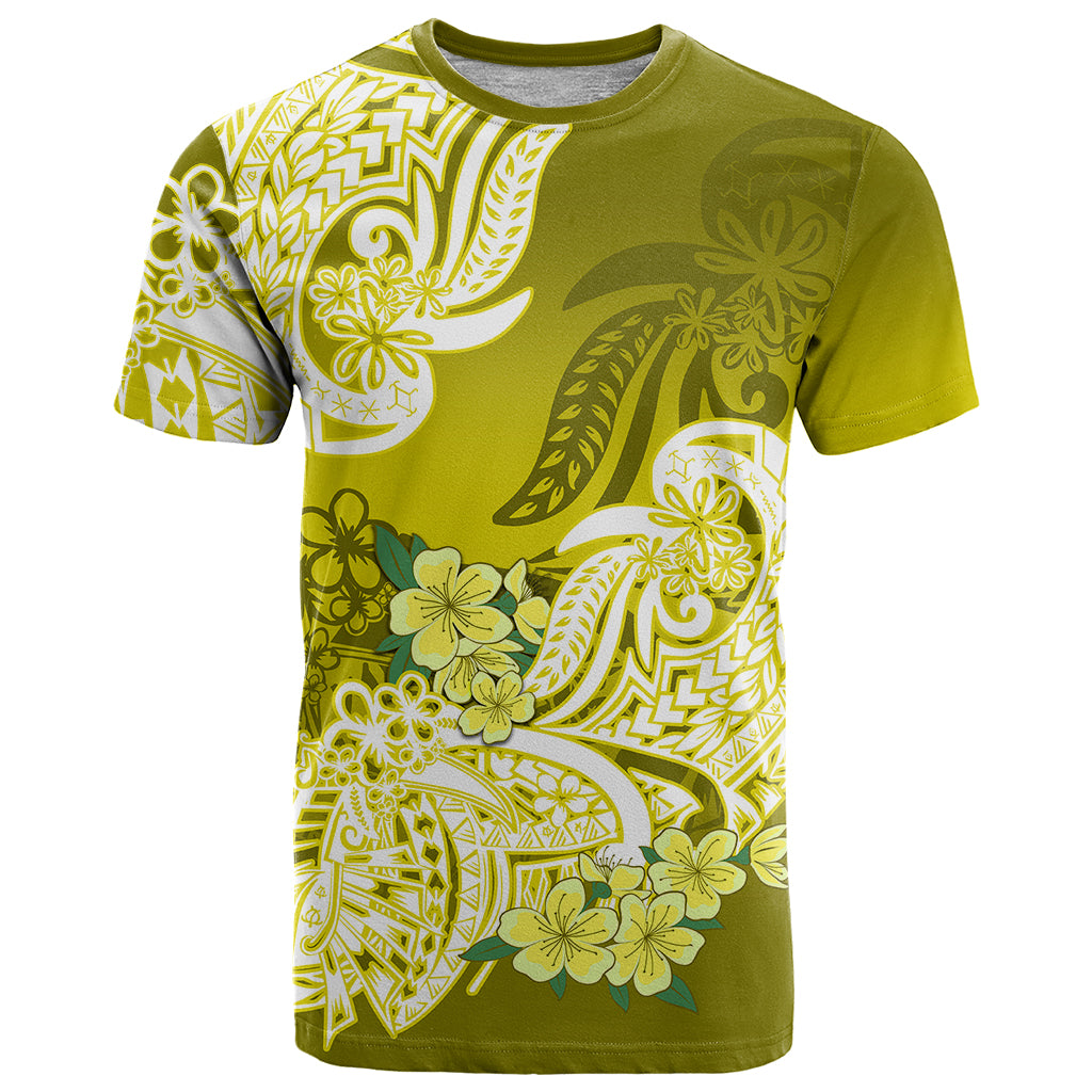 Polynesian T-Shirt Pacific Flower Mix Floral Tribal Tattoo Yellow Vibe Graphic Tee