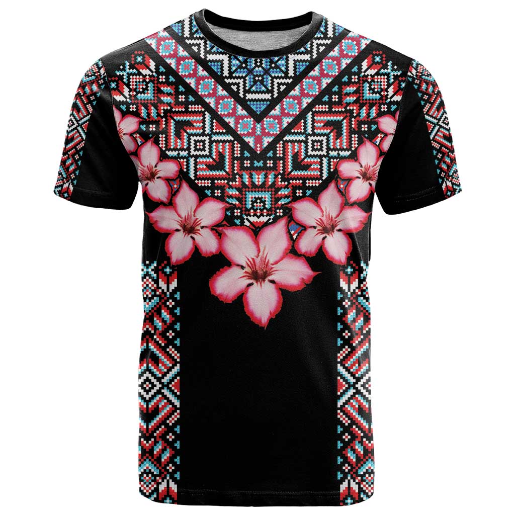 Africa Adenium Multiflorum Flowers T-Shirt Mix Native Tribal Pattern Graphic Tee