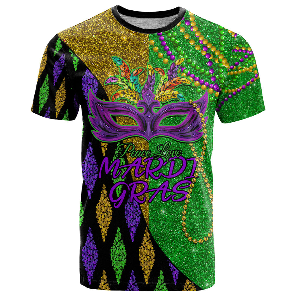 Peace Love Mardi Gras T-Shirt Carnival Masks With Feathers Graphic Tee