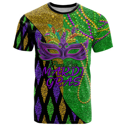 Peace Love Mardi Gras T-Shirt Carnival Masks With Feathers Graphic Tee