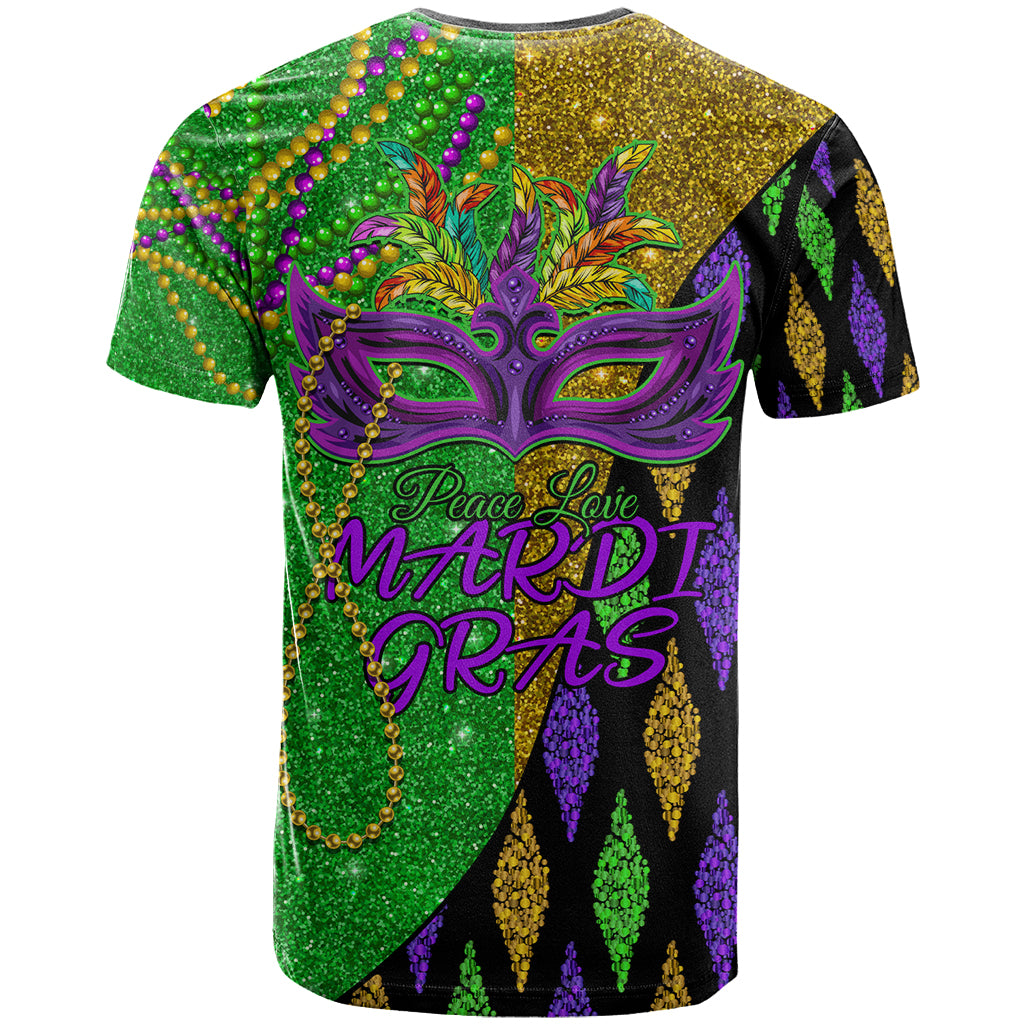 Peace Love Mardi Gras T-Shirt Carnival Masks With Feathers Graphic Tee