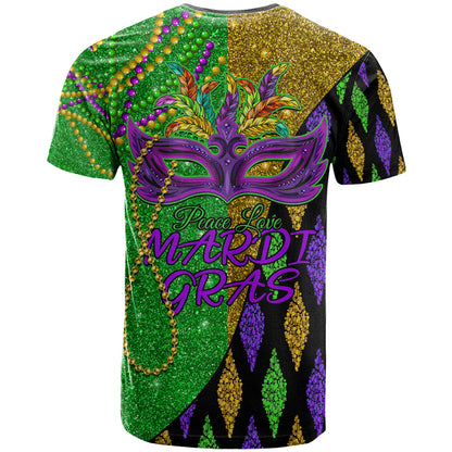 Peace Love Mardi Gras T-Shirt Carnival Masks With Feathers Graphic Tee