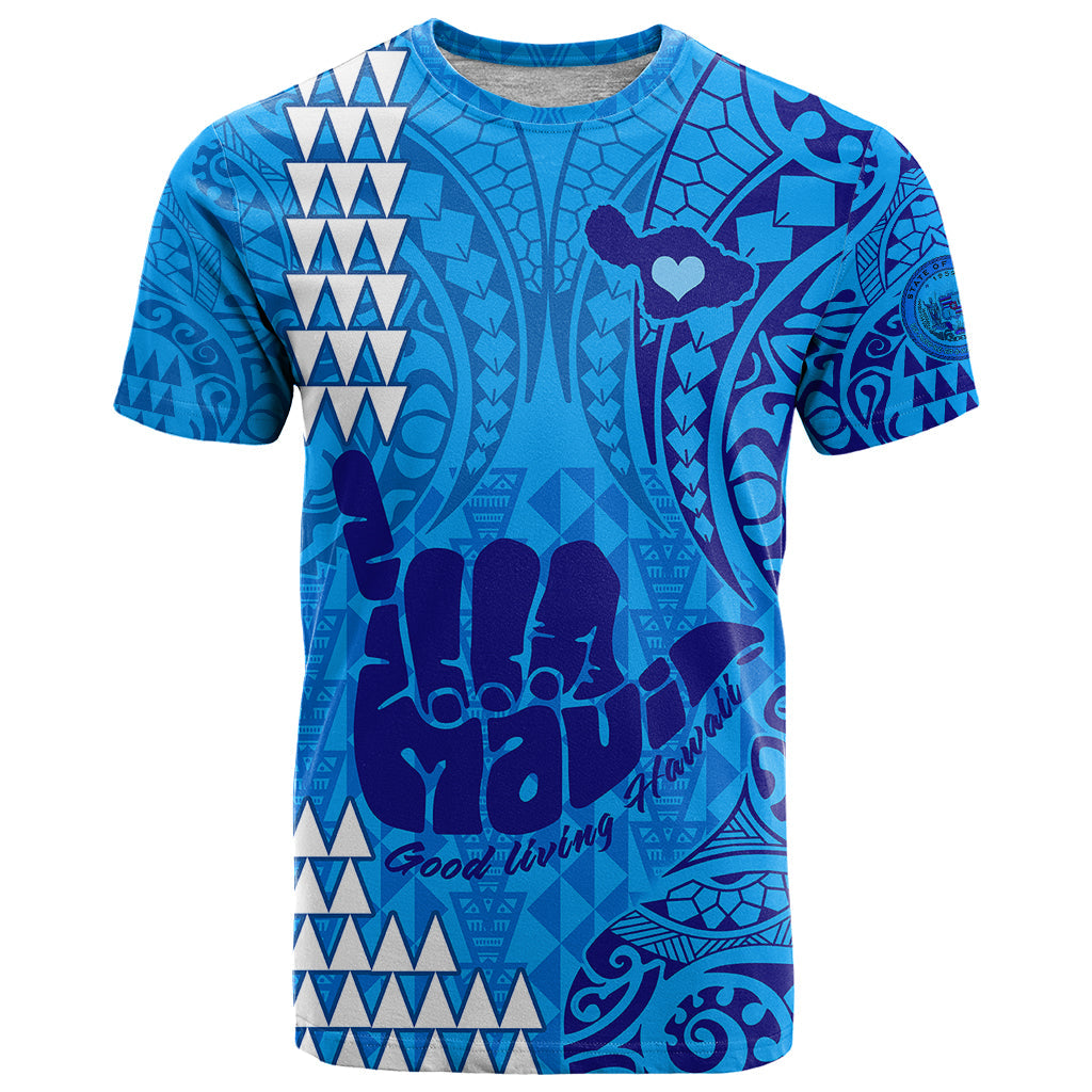 Strong Maui T-Shirt Good Living Hawaii with Shaka Sign Kakau Tribal Blue Graphic Tee