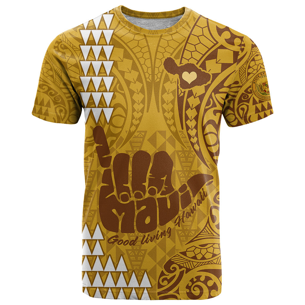 Strong Maui T-Shirt Good Living Hawaii with Shaka Sign Kakau Tribal Gold Graphic Tee