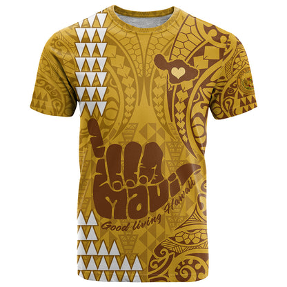 Strong Maui T-Shirt Good Living Hawaii with Shaka Sign Kakau Tribal Gold Graphic Tee