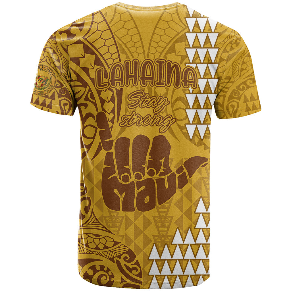 Strong Maui T-Shirt Good Living Hawaii with Shaka Sign Kakau Tribal Gold Graphic Tee