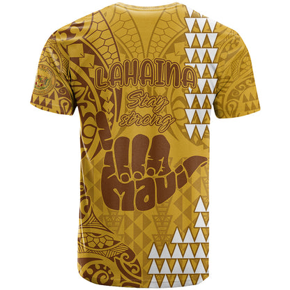 Strong Maui T-Shirt Good Living Hawaii with Shaka Sign Kakau Tribal Gold Graphic Tee