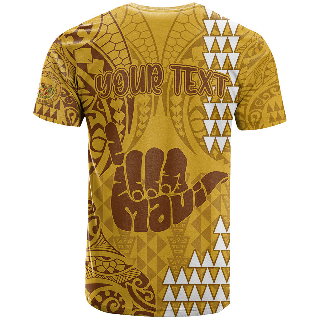 Personalised Strong Maui T-Shirt Good Living Hawaii with Shaka Sign Kakau Tribal Gold Graphic Tee