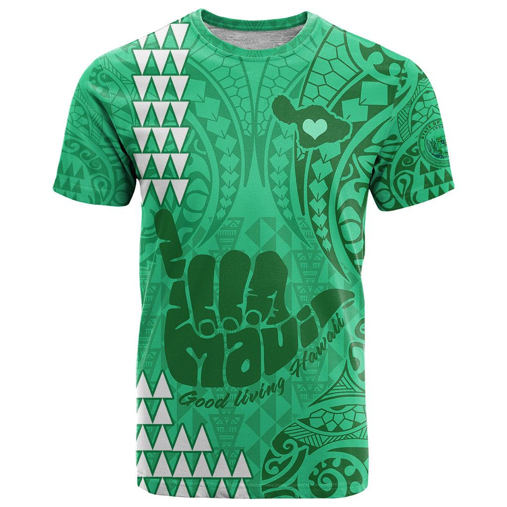 Strong Maui T-Shirt Good Living Hawaii with Shaka Sign Kakau Tribal Green Graphic Tee