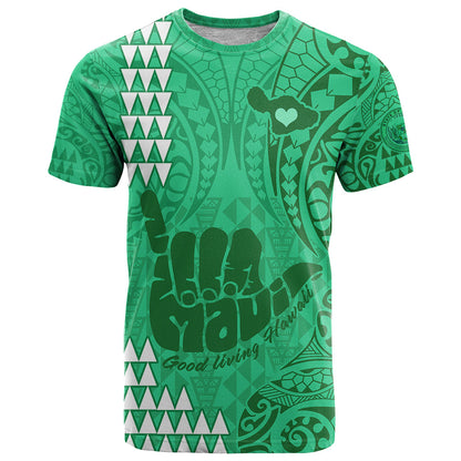 Strong Maui T-Shirt Good Living Hawaii with Shaka Sign Kakau Tribal Green Graphic Tee