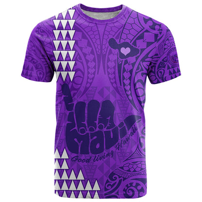 Personalised Strong Maui T-Shirt Good Living Hawaii with Shaka Sign Kakau Tribal Purple Graphic Tee